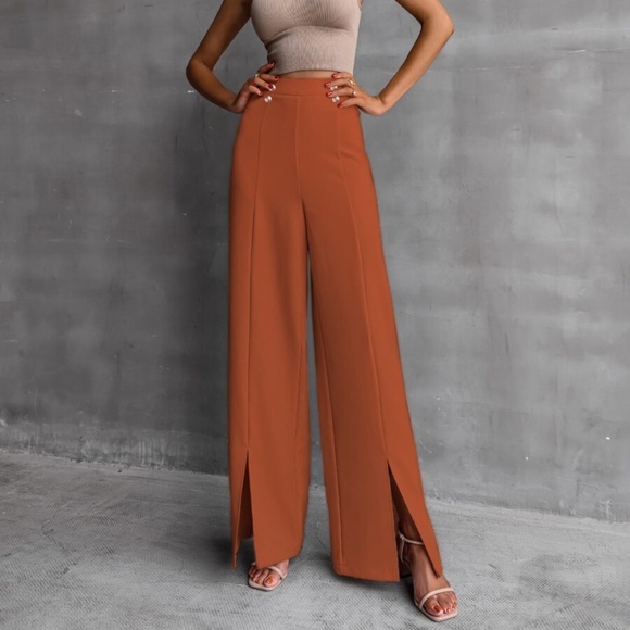 Classic Black Wide Leg Slit Hem Pants Minimalist - Picture 7 of 8